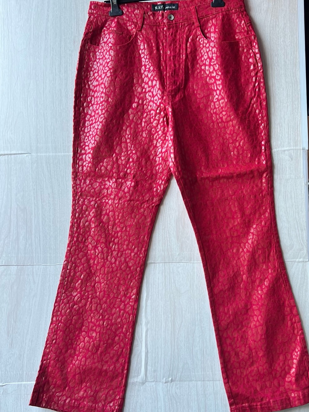 RVT Red Metallic Leopard-Print Wide Leg Jeans